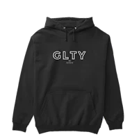 a black hoodie with the word glity on it