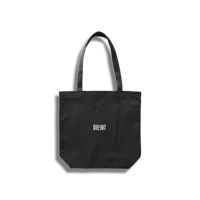 a black tote bag with a white logo on it
