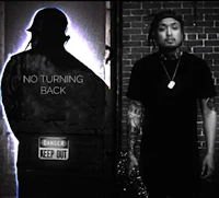 two pictures of a man with tattoos and a sign that says no turning back