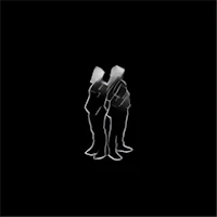 two people standing in front of a black background