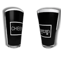 two black and white pint glasses with the word cheers on them